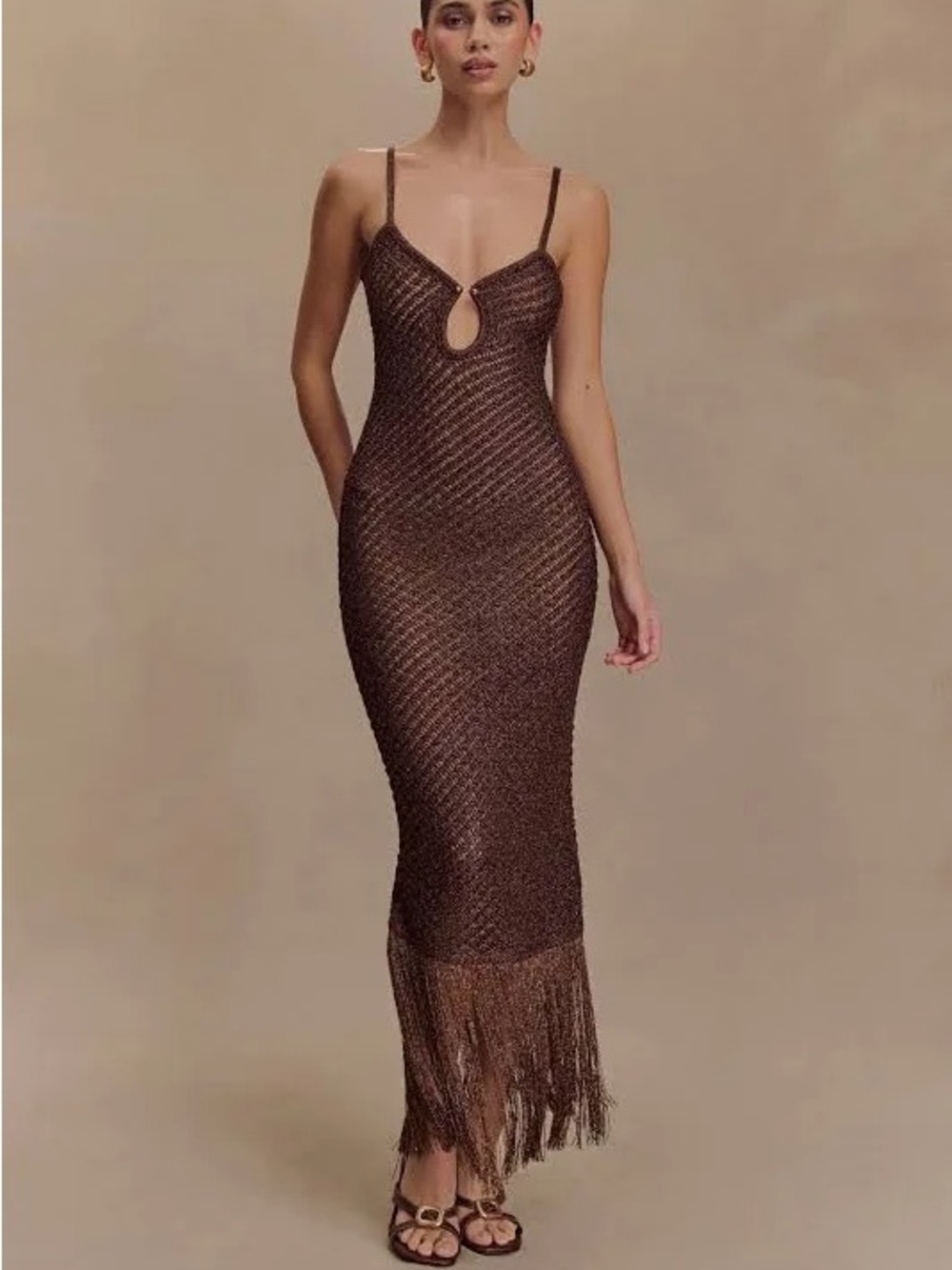 Meshki Brown Fringe Knit Maxi Dress with Keyhole